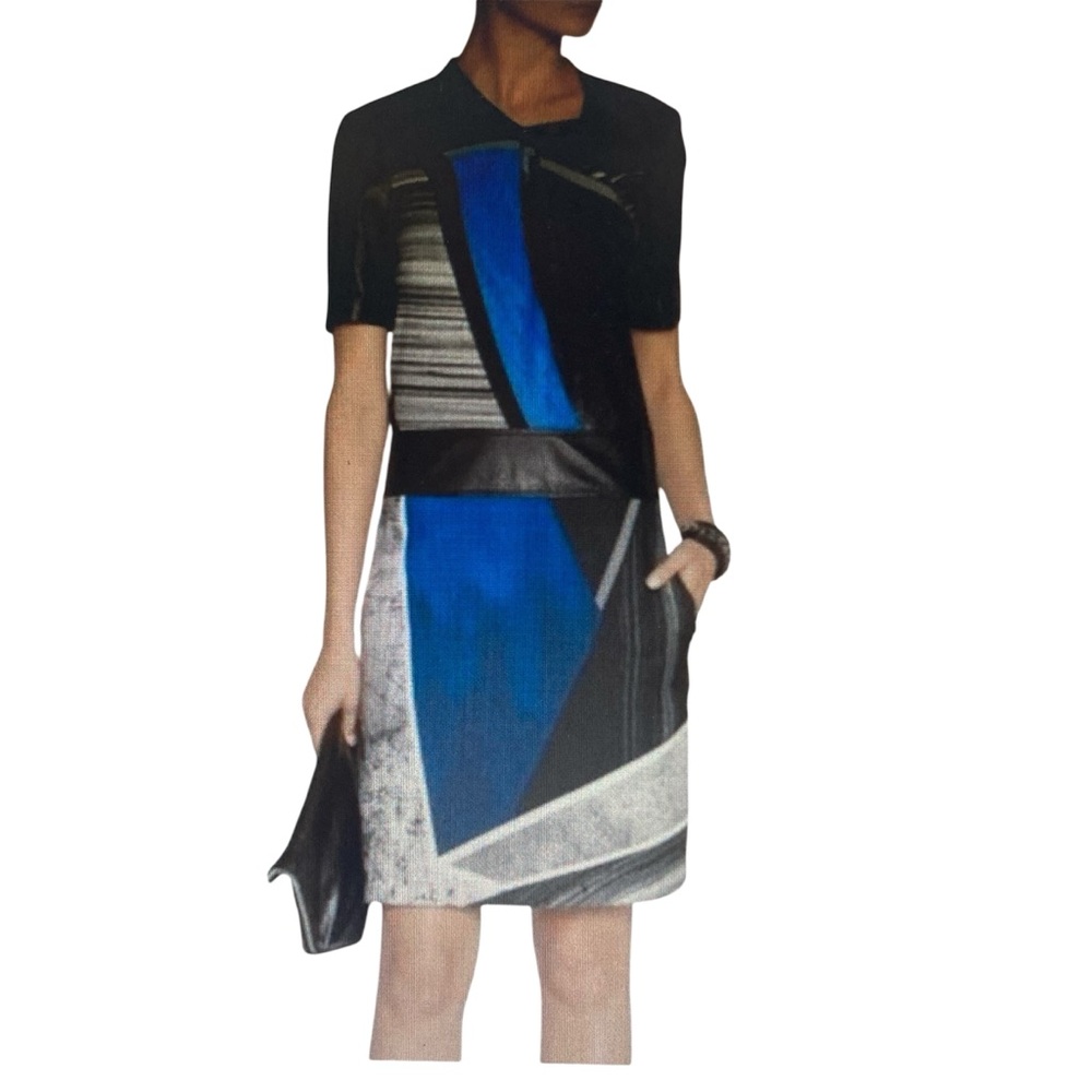 HELMUT LANG | NWT ‘Fracture’ Print Crepe & Leather Dress Blue Multi Size 6 NWT